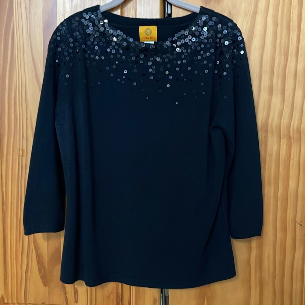 RUBY RD BLING SWEATER SIZE L WOMENS SEQUIN 3/4 SLEEVE FESTIVE TOP HOLIDAY PARTY